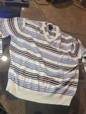 Daniel Cremieux V-Neck Sweater in White with Blue & Pink Stripes